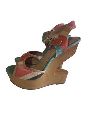 BCBGeneration blue cream peach pink buckle open heel sandals size 7M